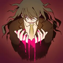 Rule 34 | 1boy, 4 (nakajima4423), blazer, blood, blood drip, blood on hands, brown jacket, collared jacket, collared shirt, commentary request, cropped torso, crying, crying with eyes open, danganronpa (series), danganronpa v3: killing harmony, fingernails, gokuhara gonta, green hair, green necktie, hair over eyes, jacket, lapel pin, lapels, long hair, long sleeves, male focus, messy hair, necktie, notched lapels, open mouth, pink blood, red background, sad, shirt, simple background, solo, spoilers, straight-on, teardrop, tears, white shirt
