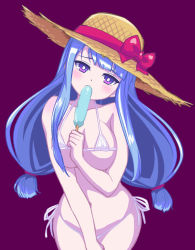 Rule 34 | 1girl, bare arms, bare shoulders, bikini, blue hair, blush, bow, breasts, brown hat, collarbone, commentary request, covered mouth, cowboy shot, eyebrows hidden by hair, food, hand up, hat, hat bow, head tilt, highres, holding, holding food, large breasts, long hair, looking at viewer, low-tied long hair, marija (muse dash), micro bikini, muse dash, navel, nyama, popsicle, purple background, purple eyes, red bow, side-tie bikini bottom, simple background, solo, straw hat, swimsuit, white bikini