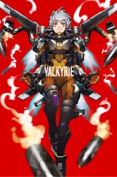 Rule 34 | 1girl, animification, apex legends, bodysuit, commentary request, flying, grey hair, grin, highres, jetpack, looking at viewer, mika pikazo, missile, missile pod, official art, orange bodysuit, orange eyes, red background, short hair, simple background, smile, smoke, solo, tagme, teeth, valkyrie (apex legends)