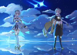 Rule 34 | 1boy, 1girl, absurdres, aether (genshin impact), ahoge, arm armor, baggy pants, bare shoulders, black footwear, black gloves, black pants, black shirt, blonde hair, blue sky, boots, braid, brother and sister, clenched hands, closed mouth, cloud, cloudy sky, day, detached sleeves, dress, earrings, feather hair ornament, feathers, fingerless gloves, flower, full body, genshin impact, gloves, gold trim, gradient sky, hair between eyes, hair flower, hair ornament, hair ribbon, hand up, high heels, highres, jewelry, long hair, long sleeves, looking at another, lumine (genshin impact), mochi mochi052, navel, night, night sky, orange eyes, orange scarf, pants, reflection, ribbon, scarf, shirt, short hair, short hair with long locks, short sleeves, siblings, sidelocks, single earring, sky, smile, standing, star (sky), star (symbol), starry sky, sun, two-sided scarf, white dress, white flower, white footwear, white ribbon, white scarf