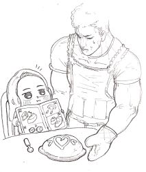 Rule 34 | 1boy, 1girl, apron, blush, book, chair, character request, eumme tongtong gu-i, eye contact, food, highres, holding, holding book, invincible dragon (last origin), last origin, lineart, looking at another, manual, mittens, model kit, monochrome, muscular, notice lines, omelet, omurice, oven mitts, shirt, simple background, spoon, standing, sweatdrop, t-shirt, table, traditional media, white background, aged down