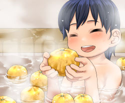 Rule 34 | 1girl, bath, bathing, black hair, blush, closed eyes, food, fruit, hair down, harukaze unipo, hiburi (kancolle), holding, holding food, holding fruit, kantai collection, medium hair, nude, open mouth, partially submerged, solo, steam, water, wet
