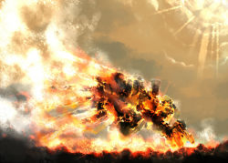 Rule 34 | armored core, armored core 5, cloud, from software, mecha, no humans, outdoors, robot, sky, smoke, solo