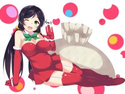 Rule 34 | 10s, 1girl, ;d, arm support, bare shoulders, black hair, blush, boots, bow, breasts, christmas, cleavage, detached sleeves, dress, english text, full body, fur trim, garter straps, gloves, green eyes, large breasts, long hair, love live!, love live! school idol festival, love live! school idol project, one eye closed, open mouth, ponkotsu (ayarosu), red gloves, sack, santa costume, scrunchie, smile, solo, thigh boots, thighhighs, tojo nozomi, transparent background, twintails, very long hair, waving, wink