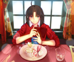 Rule 34 | 1girl, ahoge, blue eyes, blurry, blush, bokeh, brown hair, cup, curtains, depth of field, dessert, drinking glass, food, highres, ice, iro (sekaixiro), jacket, japanese clothes, kara no kyoukai, kimono, leather, leather jacket, looking at viewer, ryougi shiki, short hair, smile, solo, tablecloth, type-moon