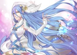 Rule 34 | 1girl, armpits, ass, azura (fire emblem), blue hair, breasts, bubble, dancer, dress, elbow gloves, female focus, fingerless gloves, fire emblem, fire emblem fates, gloves, gradient background, long hair, nashoki, nintendo, pink background, smile, solo, very long hair, water, yellow eyes