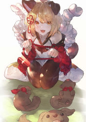 Rule 34 | 1girl, :3, absurdres, animal ears, armpit crease, bare shoulders, betabeet, black pantyhose, blonde hair, braid, braided bangs, collarbone, dog, dog ears, dog girl, dog tail, erune, fang, flower knot, gold trim, granblue fantasy, hair ornament, highres, light rays, looking at viewer, looking up, off shoulder, open mouth, orange eyes, pantyhose, paw pose, puppy, rope, seiza, shimenawa, short hair, single braid, sitting, solo, sunbeam, sunlight, tail, vajra (granblue fantasy)