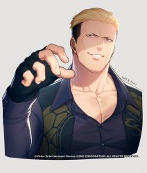 Rule 34 | 1boy, black hair, blonde hair, evil grin, evil smile, fatal fury, fingerless gloves, frown, gloves, grin, kuren, looking at viewer, male focus, multicolored hair, smile, snk, solo, the king of fighters, two-tone hair, vest, yamazaki ryuuji