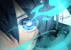 Rule 34 | 1girl, black hair, black rock shooter, black rock shooter (character), blue eyes, blue fire, bright pupils, close-up, fire, hair between eyes, highres, hoshizaki reita, long hair, looking at viewer, portrait, signature, solo, star (symbol), white pupils