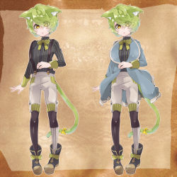 Rule 34 | 1boy, animal ears, bad id, bad pixiv id, cat boy, cat ears, cat tail, character sheet, eyes visible through hair, full body, green hair, looking at viewer, looking away, male focus, multiple views, neck ribbon, nemui lazurite, original, pinstripe pattern, pinstripe shirt, ribbon, shirt, striped, suspenders, tail, tail ornament, tail ribbon, yellow eyes