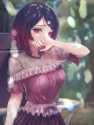 Rule 34 | 1girl, alternate costume, black hair, black skirt, blurry, blurry background, breasts, cat hair ornament, covering own mouth, day, frilled shirt, frills, gradient hair, hair ornament, highres, iris black games, jewelry, kisaragi ren (vtuber), looking at viewer, mawarru, medium breasts, multicolored hair, nail polish, outdoors, pink nails, pink shirt, pleated skirt, red eyes, red hair, ring, see-through, shirt, short hair, skirt, solo, swept bangs, virtual youtuber, vspo!