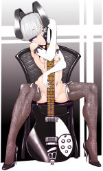 Rule 34 | 1girl, animal ears, breasts, gradient background, grey eyes, guitar, highres, instrument, linked piercing, looking at viewer, nipple chain, nipple piercing, nipples, original, piercing, rabbit ears, short hair, silver hair, small breasts, solo, striped, striped background, unmoving pattern, wana b