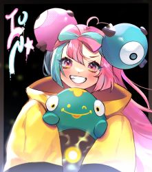 Rule 34 | 1girl, bellibolt, black background, blush, character hair ornament, commentary request, creatures (company), eyelashes, game freak, green hair, grin, hair ornament, highres, holding, holding pokemon, iono (pokemon), jacket, long hair, looking at viewer, nintendo, niupao, pink eyes, pink hair, pokemon, pokemon (creature), pokemon sv, smile, star (symbol), teeth, upper body, yellow jacket