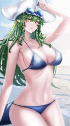 Rule 34 | 1girl, arknights, arm up, bikini, blue bikini, breasts, cleavage, closed mouth, crocodilian tail, day, eyewear on head, gavial (arknights), gavial the invincible (arknights), gavial the invincible (holiday) (arknights), grey hair, hat, highres, large breasts, long hair, looking at viewer, minuolin, navel, ocean, outdoors, pirate hat, smile, solo, sunglasses, sunlight, swimsuit, tail, water, wet, white hat, yellow eyes