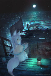 Rule 34 | 1girl, animal ear fluff, animal ears, bioluminescence, chair, cinkai, commission, crossed bangs, dock, fox ears, fox girl, fox tail, full moon, glowing, green eyes, hair between eyes, highres, holding, lantern, long hair, long sleeves, looking at viewer, moon, night, ocean, original, outdoors, rug, silver hair, sitting, skeb commission, sky, smile, solo, stuffed animal, stuffed toy, tail, tire, two side up, vrchat, water, whale
