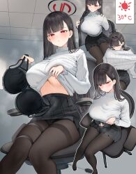 Rule 34 | 1girl, absurdres, black bra, black hair, black jacket, black pantyhose, black skirt, blue archive, blush, bra, breasts, chair, closed mouth, clothes lift, commentary request, halo, highres, holding, holding bra, holding clothes, holding underwear, jacket, large breasts, lifted by self, long hair, long sleeves, looking at viewer, multiple views, pantyhose, parted lips, pleated skirt, red eyes, removing bra, removing bra under shirt, rio (blue archive), sitting, skirt, sumida bunchou, sweater, sweater lift, sweater tucked in, thighband pantyhose, thighs, turtleneck, turtleneck sweater, underwear, unworn bra, white sweater