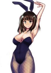 Rule 34 | 10s, 1girl, animal ears, arms up, bare shoulders, blush, breasts, brown eyes, brown hair, cleavage, drawfag, fake animal ears, female focus, fishnet pantyhose, fishnets, gatchaman, gatchaman crowds, hair ornament, ichinose hajime, large breasts, non-web source, pantyhose, playboy bunny, rabbit ears, short hair, simple background, smile, solo, white background