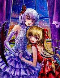 Rule 34 | 2girls, :d, alternate costume, bare back, bat wings, blush, butterfly hair ornament, curtains, dress, elbow gloves, evening, eyeshadow, fangs, flandre scarlet, formal, gloves, hair ornament, hair ribbon, hand on another&#039;s head, holding hands, interlocked fingers, lipstick, long hair, looking at viewer, makeup, multiple girls, no headwear, oil painting (medium), open mouth, painting (medium), parted lips, purple dress, purple eyes, red dress, red eyes, remilia scarlet, ribbon, short hair, siblings, side ponytail, signature, sisters, sky, sleeveless, sleeveless dress, smile, tafuto, touhou, traditional media, twilight, vampire, window, wings