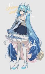 Rule 34 | 1girl, ahoge, alternate costume, aqua eyes, aqua footwear, aqua hair, aqua nails, arm warmers, bare shoulders, bow, breasts, brooch, cane, center frills, cleavage, dated, detached collar, detached sleeves, dress, earrings, eyebrows hidden by hair, frills, from side, full body, hair between eyes, hatsune miku, high heels, highres, jewelry, layered skirt, leaning back, light smile, long hair, looking at viewer, looking to the side, medium breasts, nail polish, pecchii, short dress, signature, simple background, skirt, solo, strapless, strapless dress, striped, thighhighs, twintails, underbust, v arms, very long hair, vocaloid, white thighhighs, yuki miku, zettai ryouiki