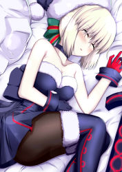 Rule 34 | 1girl, absurdres, artoria pendragon (all), artoria pendragon (fate), bare shoulders, black dress, black footwear, black pantyhose, blonde hair, blush, boots, borumete, breasts, cleavage, collarbone, commentary request, dress, fate/grand order, fate (series), fur trim, gloves, hair ornament, hat, highres, looking at viewer, medium breasts, pantyhose, parted lips, red gloves, saber alter, santa alter, santa hat, solo