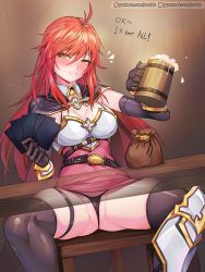 Rule 34 | 1girl, armor, bouncing breasts, breasts, cape, cermia (epic seven), cleft of venus, elbow gloves, epic seven, gloves, panties, rebe11, red eyes, red hair, solo, spread legs, thighhighs, underwear, wedgie