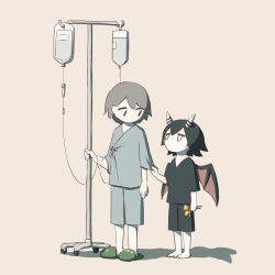 Rule 34 | 2boys, absurdres, avogado6, black pants, black shirt, blue pants, blue shirt, colored skin, commentary request, demon boy, demon horns, demon wings, grey background, highres, horns, hospital gown, intravenous drip, looking at another, multiple boys, original, pants, shirt, shirt tug, simple background, slippers, white eyes, white skin, wings