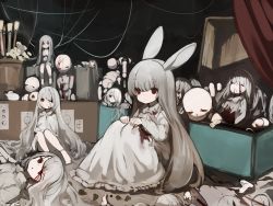 Rule 34 | 6+girls, animal ears, blood, blood on clothes, closed eyes, closed mouth, collared dress, doll, dress, grey hair, hair between eyes, highres, knees up, long hair, long sleeves, looking at viewer, multiple girls, original, rabbit ears, red eyes, shirokujira, short eyebrows, sleeves past wrists, solo focus, thick eyebrows, very long hair, white dress