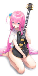 Rule 34 | 1girl, artist name, barefoot, blue eyes, blue panties, blush, bocchi the rock!, collarbone, cube hair ornament, electric guitar, embarrassed, gibson les paul, gotoh hitori, guitar, hair ornament, highres, holding, holding instrument, instrument, looking at viewer, panties, pink hair, pistachiocream, plectrum in mouth, seiza, shirt, short hair, short sleeves, sidelocks, simple background, sitting, solo, sweatdrop, thighs, underwear, very short hair, white background, white shirt