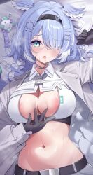 Rule 34 | 1girl, aqua eyes, areola slip, armband, belt, belt buckle, black choker, black gloves, black headband, blue hair, blue wings, blush, breasts, buckle, buttoned cuffs, center opening, chest harness, choker, cleavage, cleavage cutout, clothing cutout, collared shirt, commentary, crop top, deyui, elira pendora, elira pendora (4th costume), english commentary, famelira (elira pendora), fangs, framed breasts, gloves, grey jacket, grey pants, hair intakes, hair ornament, hair over one eye, hairband, hairclip, hairpin, harness, head wings, headband, highres, jacket, juice box, charm (object), keyhole, lapel pin, lapels, large breasts, lock, long hair, long sleeves, looking at viewer, lying, midriff, multicolored hair, navel, nijisanji, nijisanji en, notched lapels, on back, open clothes, open collar, open mouth, padlock, paizuri invitation, pants, purple ribbon, ribbon, shirt, solo, steam, steaming body, sweat, tag, underbust, virtual youtuber, white gloves, white hair, white ribbon, white shirt, wings