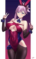 Rule 34 | 1girl, absurdres, bare shoulders, blue eyes, breasts, cleavage, covered navel, detached collar, detached sleeves, double v, fate/grand order, fate (series), frills, groin, highres, kurozawa yui, large breasts, leaning, legs together, looking at viewer, miyamoto musashi (fate), nail polish, pantyhose, ponytail, purple hair, sideboob, signature, smile, solo, tsurime, underboob, v, wrist cuffs