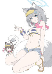 Rule 34 | 0 0, 2girls, ?, absurdres, anal tail, animal ear fluff, animal ears, bare legs, bead bracelet, beads, bikini, blue archive, blue eyes, blue shorts, blush, bracelet, breasts, brown hair, butt plug, closed mouth, commentary, cosplay, cross hair ornament, english commentary, extra ears, fake tail, feet, fox ears, fox shadow puppet, fox tail, front-tie bikini top, front-tie top, full body, grey hair, hair ornament, halo, highres, implied tail plug, izuna (blue archive), izuna (blue archive) (cosplay), izuna (swimsuit) (blue archive), jewelry, legs, looking at viewer, masabodo, medium breasts, medium hair, micro shorts, multiple girls, navel, official alternate costume, pink scarf, revision, sandals, scarf, scrunchie, sex toy, shiroko (blue archive), shorts, sideboob, stomach, striped bikini, striped clothes, swimsuit, tail, toenails, toes, visor cap, white background, wolf ears, wrist scrunchie