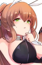 Rule 34 | 10eki (tenchou), 1girl, :o, animal ears, bare shoulders, black leotard, blush, breasts, brown hair, commentary request, detached collar, fake animal ears, girls&#039; frontline, green eyes, hair rings, hand on own chin, high ponytail, highres, large breasts, leotard, long hair, looking at viewer, open mouth, parted lips, playboy bunny, rabbit ears, solo, springfield (girls&#039; frontline), strap pull, sweat, wrist cuffs