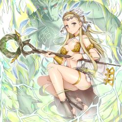 Rule 34 | 10s, 1girl, armor, ass, bare shoulders, barefoot, blonde hair, blush, bracer, breasts, center opening, closed mouth, detached sleeves, dress, artistic error, feet, granblue fantasy, greaves, headdress, holding, long hair, long sleeves, medium breasts, navel, petra (granblue fantasy), smile, staff, taniwasu, tattoo, thigh strap, toeless legwear, toes, white dress, wrong foot, yellow eyes