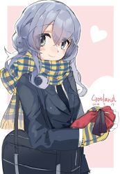 Rule 34 | 1girl, alternate costume, bag, black necktie, blazer, blue eyes, blue hair, border, character name, commentary request, dated, gotland (kancolle), hair bun, heart, heart background, highres, jacket, kantai collection, long hair, looking at viewer, mittens, mole, mole under eye, necktie, one-hour drawing challenge, picoli1313, pink background, plaid, plaid scarf, scarf, school bag, sidelocks, single hair bun, smile, solo, two-tone background, upper body, white border