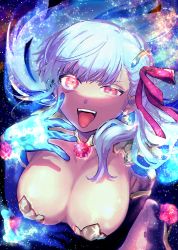 Rule 34 | 1girl, akanbe, breasts, cleavage, eyelid pull, fate/grand order, fate (series), glowing, glowing hand, hair ribbon, highres, jewelry, kama (fate), kama (third ascension) (fate), long hair, mxyamyam, pink eyes, ribbon, silver hair, solo, tongue, tongue out