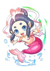 Rule 34 | 1girl, absurdres, black hair, blue eyes, highres, looking at viewer, mermaid, monster girl, ningyo (youkai watch), open mouth, pointy ears, simple background, solo, solo focus, splashing, teeth, tory (tory29), upper teeth only, white background, youkai watch