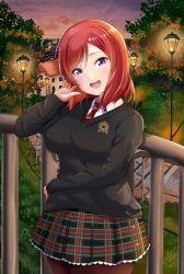 Rule 34 | 1girl, :d, arm across waist, black cardigan, blush, breasts, cardigan, collared shirt, commentary, cowboy shot, evening, green skirt, tucking hair, head tilt, highres, lamppost, looking at viewer, love live!, love live! school idol project, medium breasts, miniskirt, momouninego, necktie, nishikino maki, open mouth, plaid, plaid skirt, pleated skirt, purple eyes, railing, red hair, red necktie, shirt, shooting star, skirt, smile, solo, source request, swept bangs, teeth, upper teeth only