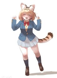 Rule 34 | 1girl, alternate costume, animal ears, black socks, blonde hair, blue jacket, blush, bow, bowtie, brown footwear, buttons, cat ears, cat girl, cat tail, closed eyes, collared shirt, extra ears, full body, grey skirt, highres, jacket, kemono friends, kemono friends 3, long sleeves, nyororiso (muyaa), open mouth, pleated skirt, red bow, red bowtie, school uniform, serval (kemono friends), shirt, short hair, skirt, socks, solo, tail, yellow shirt