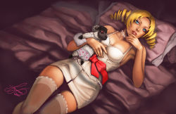 Rule 34 | 1girl, atlus, bare shoulders, blonde hair, blue eyes, bow, breasts, catherine, catherine (game), choker, cleavage, dress, drill hair, glasses, lingerie, siya oum, solo, stuffed animal, stuffed toy, twin drills, twintails, underwear, waist bow