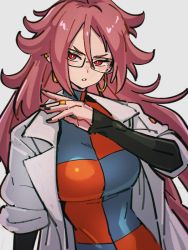 Rule 34 | 1girl, android 21, black nails, black sleeves, breasts, checkered clothes, checkered dress, dragon ball, dragon ball fighterz, dress, earrings, fingernails, glasses, grey background, hair between eyes, hoop earrings, jewelry, kemachiku, lab coat, large breasts, long hair, looking at viewer, nail polish, red eyes, red hair, simple background, solo