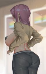 Rule 34 | 1girl, absurdres, ass, beige sweater, black pants, blindfold, blurry, blurry background, breasts, clothes lift, covered erect nipples, fate (series), from behind, hair over shoulder, highres, large breasts, long hair, medusa (fate), medusa (rider) (fate), original, pants, pantylines, pasties, purple hair, sideboob, sidelocks, sweater, sweater lift, thighs, zuoteng lucha