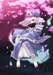 Rule 34 | 1girl, blue dress, cherry blossoms, covering own mouth, dress, female focus, floating, frills, hand fan, hat, hitodama, looking at viewer, okobo, pink hair, saigyouji yuyuko, sandals, short hair, sleeves past wrists, socks, solo, tokiame, touhou, tree, triangular headpiece, veil, white socks, wide sleeves