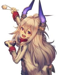 Rule 34 | 10s, 1girl, :d, bazooka oiran, blush, breasts, chopsticks, daikon, draph, egg, egg (food), food, from behind, granblue fantasy, grey hair, grey sweater, hair between eyes, hardboiled egg, highres, horns, jacket, konnyaku (food), long hair, long sleeves, looking at viewer, looking back, medium breasts, oden, open mouth, outstretched arm, radish, red eyes, red scarf, ribbed sweater, scarf, signature, simple background, smile, solo, steam, sweater, threo (granblue fantasy), upper body, white background