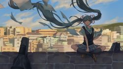 Rule 34 | 1girl, absurdly long hair, akizakura (mns), akizakura mns, aqua eyes, aqua hair, aqua necktie, backlighting, bag, black skirt, black socks, black vest, blue shirt, blue skirt, blue sky, brick wall, brown footwear, building, cityscape, cloud, commentary, crossed legs, flying paper, full body, hair ribbon, hatsune miku, highres, holding, holding paper, instrument case, kneehighs, loafers, long hair, looking up, miniskirt, mountainous horizon, necktie, outdoors, paper, parted lips, pleated skirt, ribbon, scenery, shirt, shoes, sitting, skirt, sky, socks, solo, twintails, very long hair, vest, vocaloid, wide shot