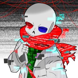 Rule 34 | absurdres, admant, fatal error(xedramon), glitch, green shirt, highres, jacket, red scarf, scarf, shirt, skeleton, television noise, undertale, underverse, white jacket