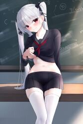 Rule 34 | 1girl, absurdres, alternate costume, azur lane, black sailor collar, black serafuku, black skirt, breasts, chalkboard, clothes lift, crop top, formidable (azur lane), formidable (the lover&#039;s heart flutters on duty) (azur lane), grey hair, highres, large breasts, long hair, looking at viewer, midriff, neckerchief, official alternate costume, pleated skirt, red eyes, red neckerchief, sailor collar, school uniform, serafuku, shirt lift, skirt, smile, solo, thighhighs, two-sided ribbon, two-tone ribbon, underboob, very long hair, white thighhighs, zerotwenty (020)