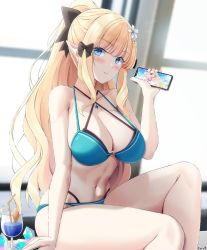 Rule 34 | 1girl, bare arms, bare shoulders, bikini, black bikini, blonde hair, blue bikini, blue eyes, blurry, bow, breasts, cellphone, cleavage, closed mouth, collarbone, commission, cup, depth of field, drinking glass, flower, gem, hair bow, hair flower, hair ornament, halterneck, highleg, highleg bikini, highres, holding, holding phone, iphone, keenh, knee up, large breasts, layered bikini, long hair, looking at viewer, navel, phone, pointy ears, ponytail, princess connect!, saren (princess connect!), saren (summer) (princess connect!), sidelocks, sitting, skindentation, smartphone, smile, solo, stomach, strap gap, string bikini, swimsuit, thighs, very long hair