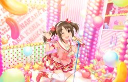 Rule 34 | 10s, 1girl, ;d, artist request, balloon, bare shoulders, boots, bow, brown eyes, brown hair, hair bow, hairband, idolmaster, idolmaster cinderella girls, idolmaster cinderella girls starlight stage, imai kana, long hair, looking at viewer, microphone, microphone stand, official art, one eye closed, open mouth, plaid, skirt, smile, solo, thighhighs, twintails, white thighhighs, wrist cuffs, zettai ryouiki