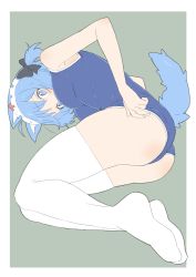 Rule 34 | absurdres, adjusting clothes, adjusting swimsuit, animal ears, animare, bad id, bad twitter id, blue eyes, blue hair, blush, dog ears, donguri suzume, hair ribbon, highres, looking at viewer, maid headdress, nanashi inc., no shoes, one-piece swimsuit, ribbon, short twintails, simple background, solo, souya ichika, swimsuit, tail, thighhighs, twintails, virtual youtuber, white thighhighs