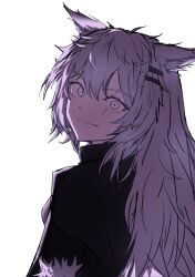 Rule 34 | 1girl, animal ears, arknights, black jacket, closed mouth, constricted pupils, crazy smile, grey eyes, grey hair, hair ornament, hairclip, highres, jacket, lappland (arknights), long hair, looking at viewer, looking back, messy hair, scar, scar across eye, simple background, smile, solo, staring, uomi, upper body, white background, wolf ears, wolf girl